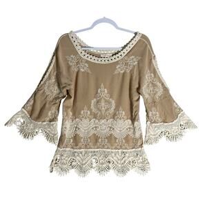 Solitaire Sz S Embroidered Crochet 3/4 Sleeve Cold Shoulder Tunic Top‎ Bohemian